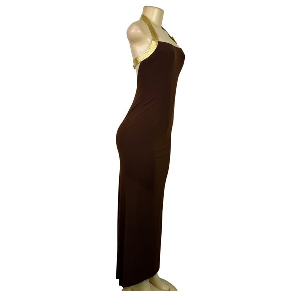 Cache Womens Brown Halter Maxi Gown With Metallic Gold Straps Sz 4 - Picture 2 of 12